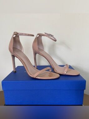 Stuart Weitzman Nudistsong Beige Tan Nude Patent Leather Strappy Heels Shoes - 9